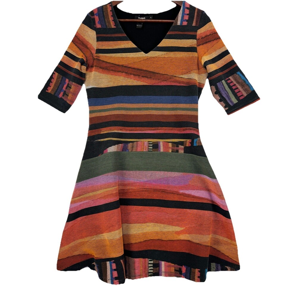 Desigual Artsy Boho Multicolor Striped Fit‎ & Flare Dress Lined Stretchy Knit XL